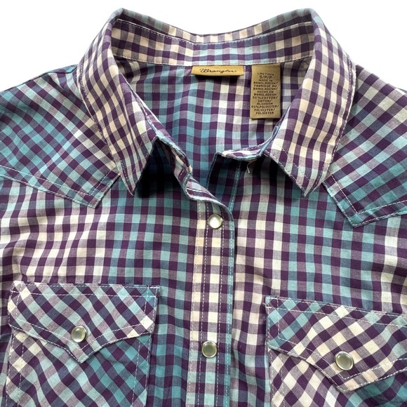 Wrangler Western Shirt Womens Small Purple Teal Plaid Pearl Snap Retro Cowgirl - Picture 3 of 15